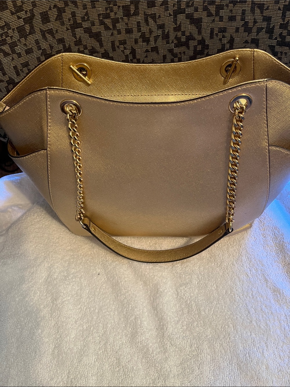 Michael Kors Metallic Gold Chain-Handle Tote W15” D10” - Picture 2 of 10